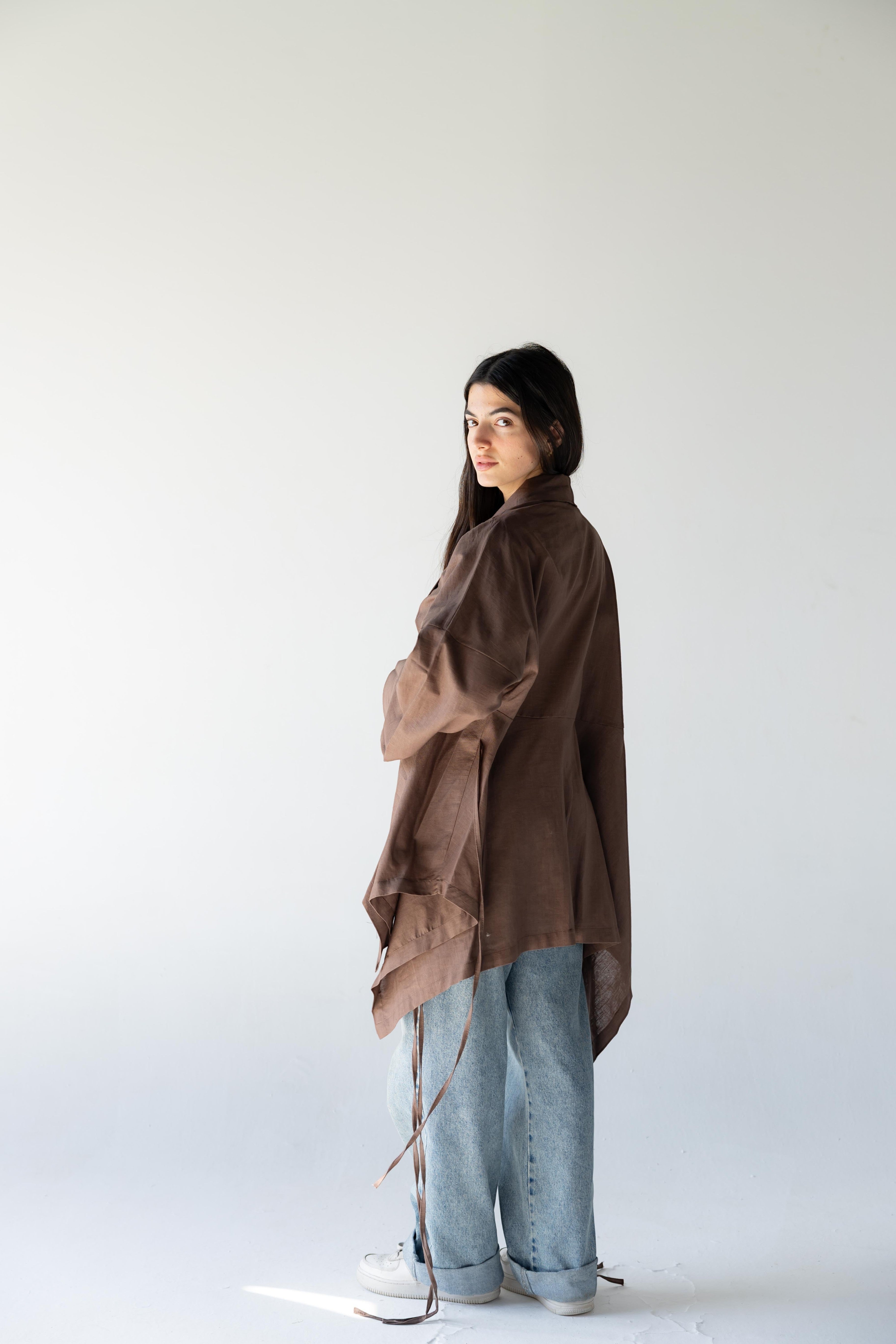 ZONA Alma-Mocha Dune 100% linen flowing jacket with statement sleeves in earthy brown.
