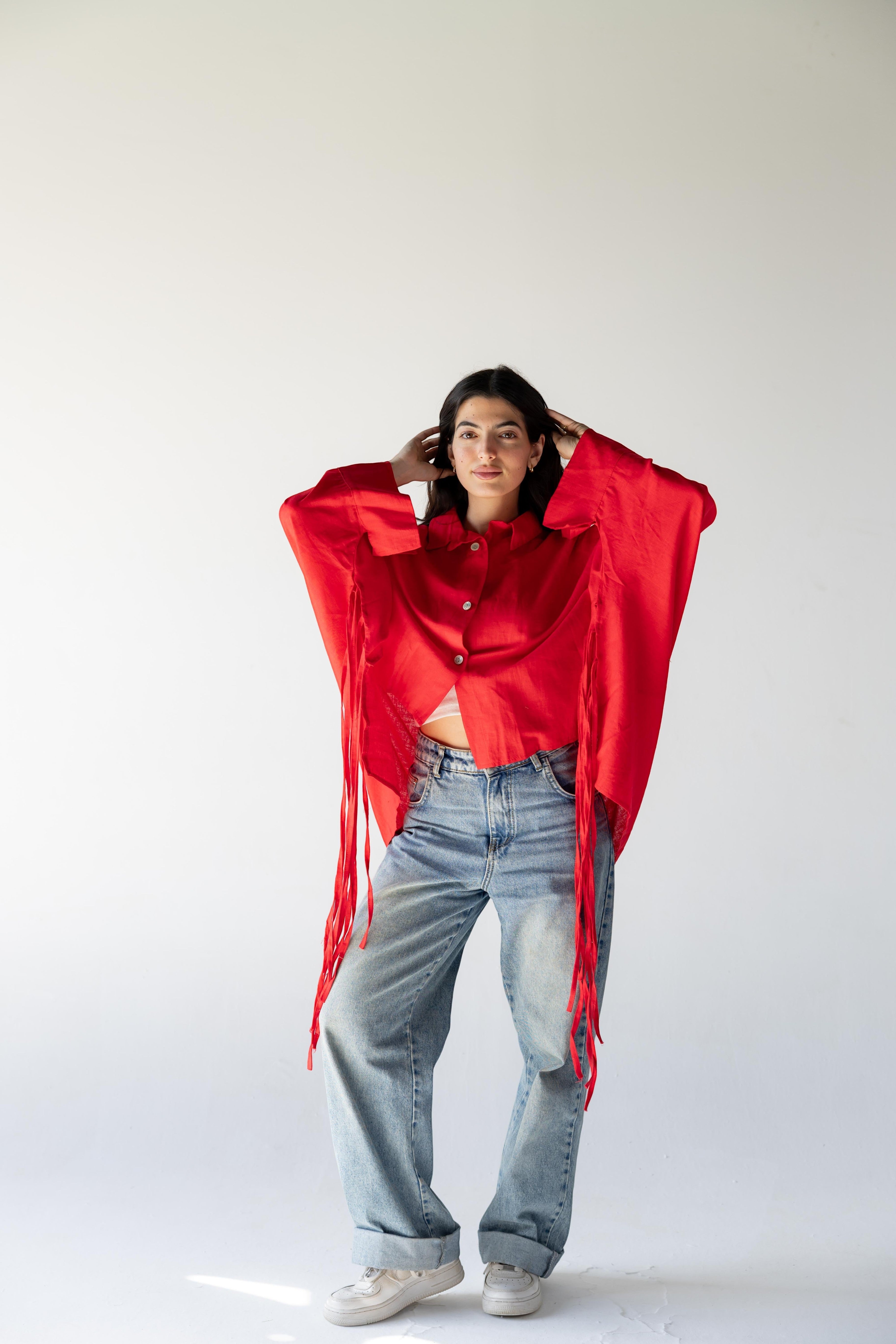ZONA Solara cherry flame 100% linen shirt with oversized sleeves and tie details. Relaxed fit.