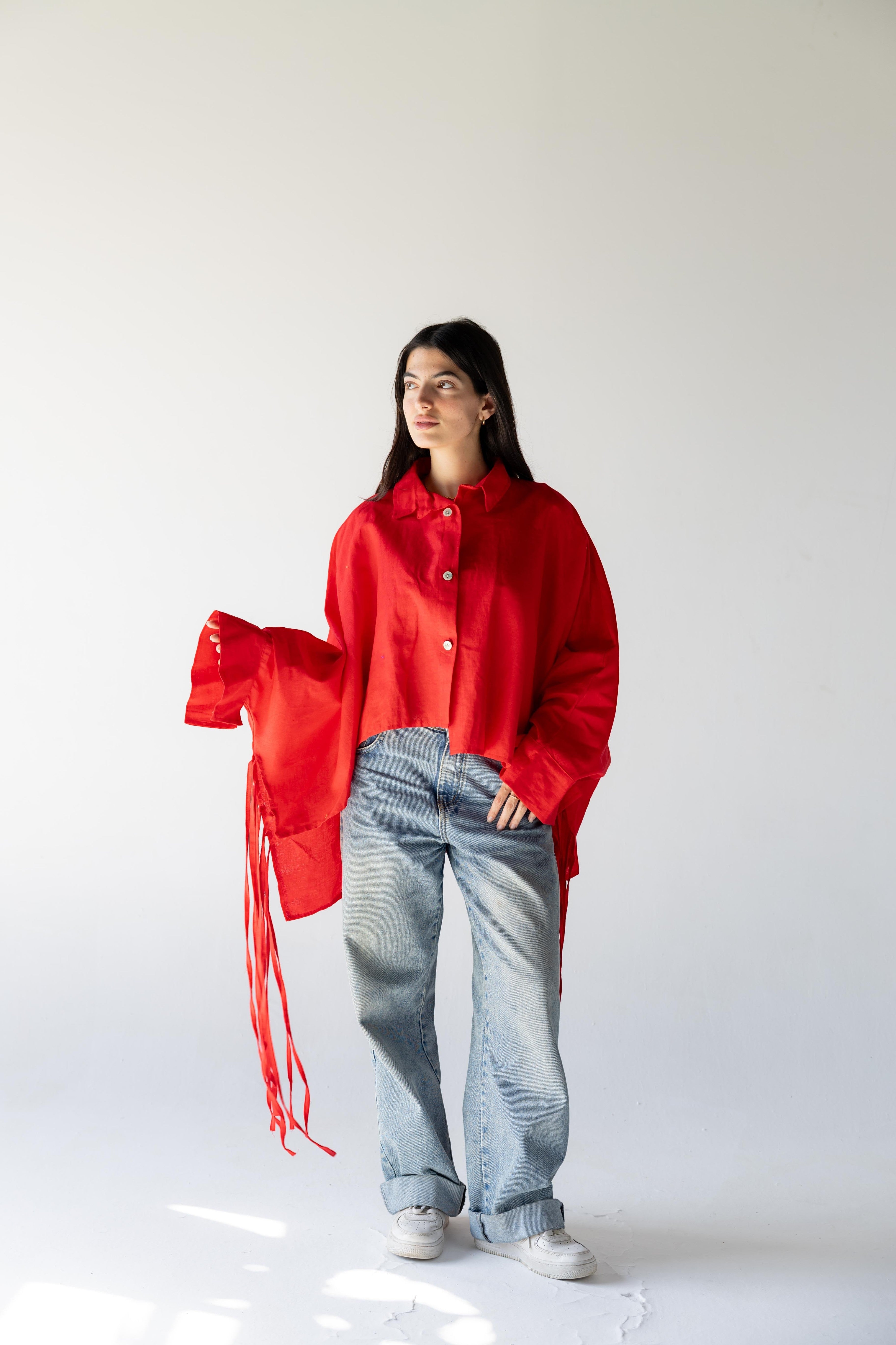 ZONA Solara cherry flame red 100% linen shirt with oversized sleeves and tie details.