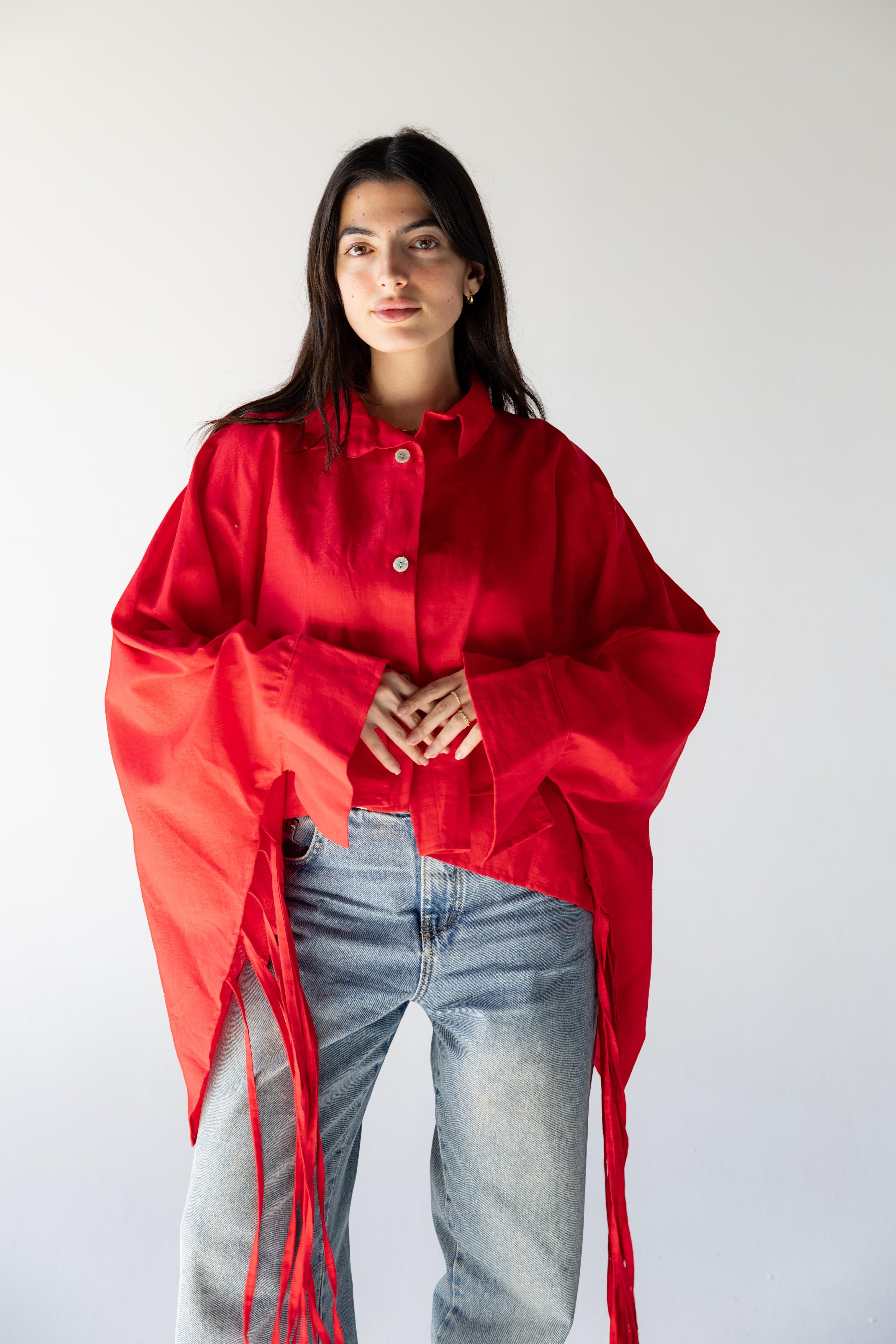 ZONA Solara cherry flame 100% linen shirt with oversized sleeves and tie details. Relaxed fit.
