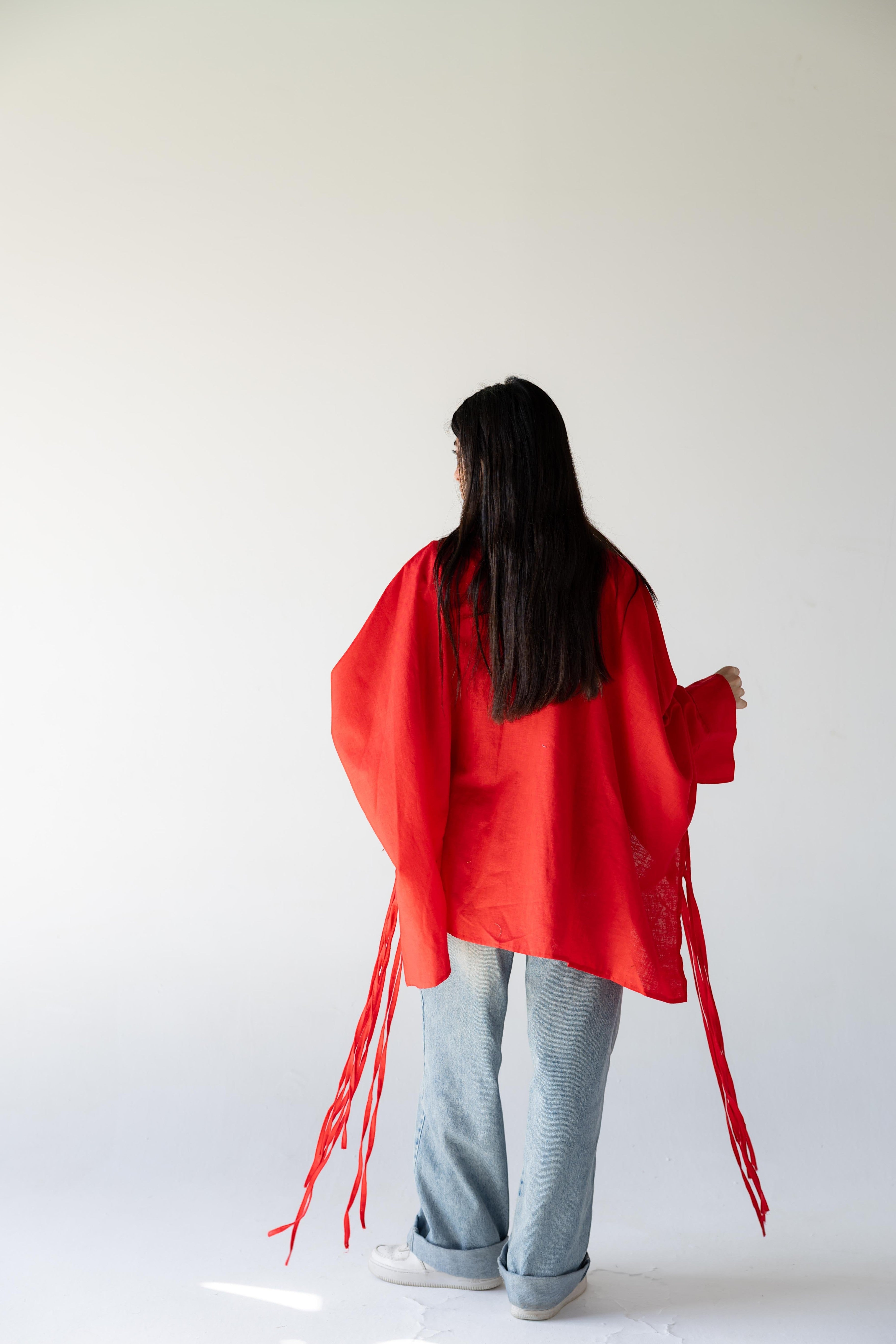 ZONA Solara cherry flame 100% linen top with oversized sleeves and tie details