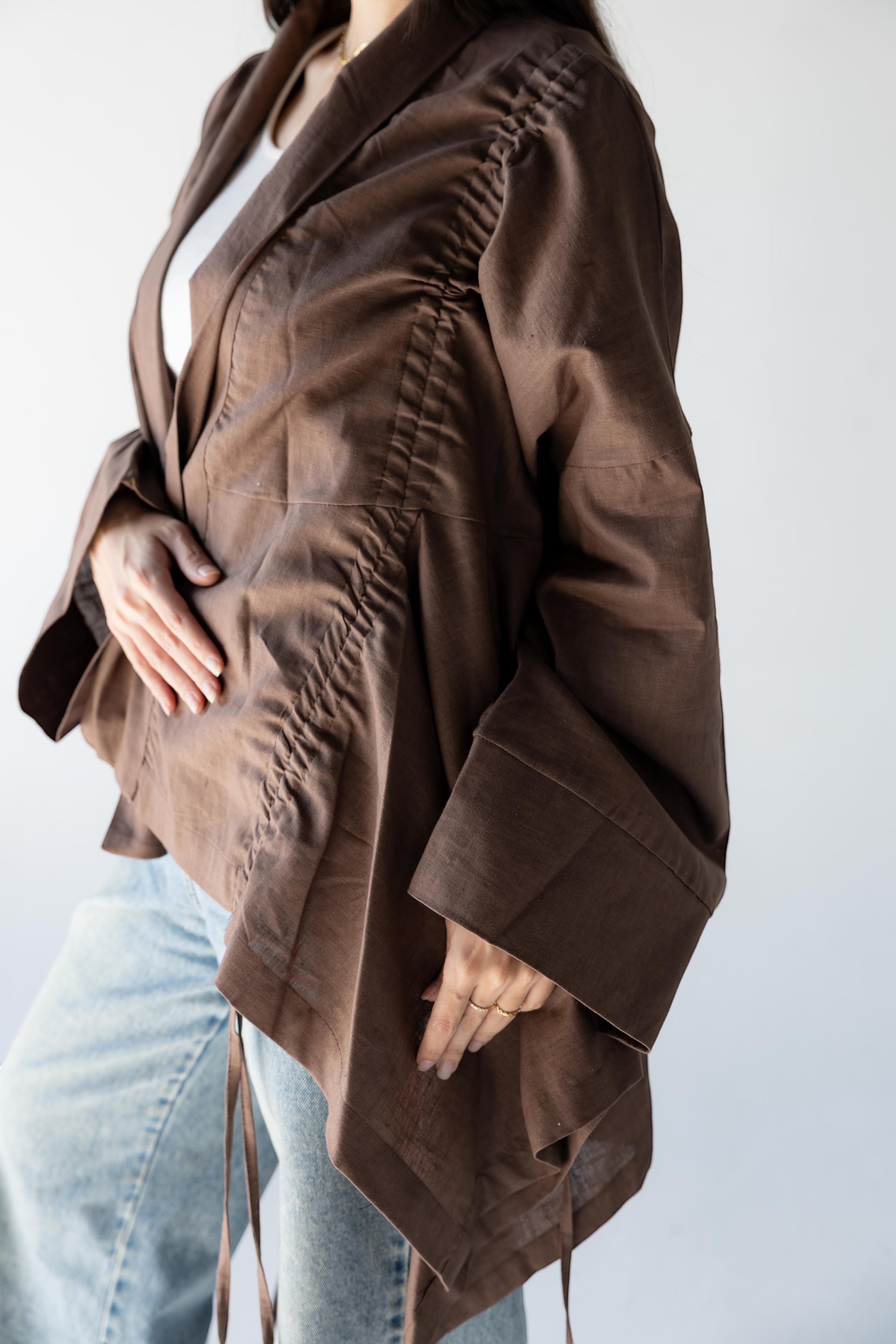 ZONA Alma-Mocha Dune 100% linen jacket in earthy brown with statement sleeves and cinched detailing.