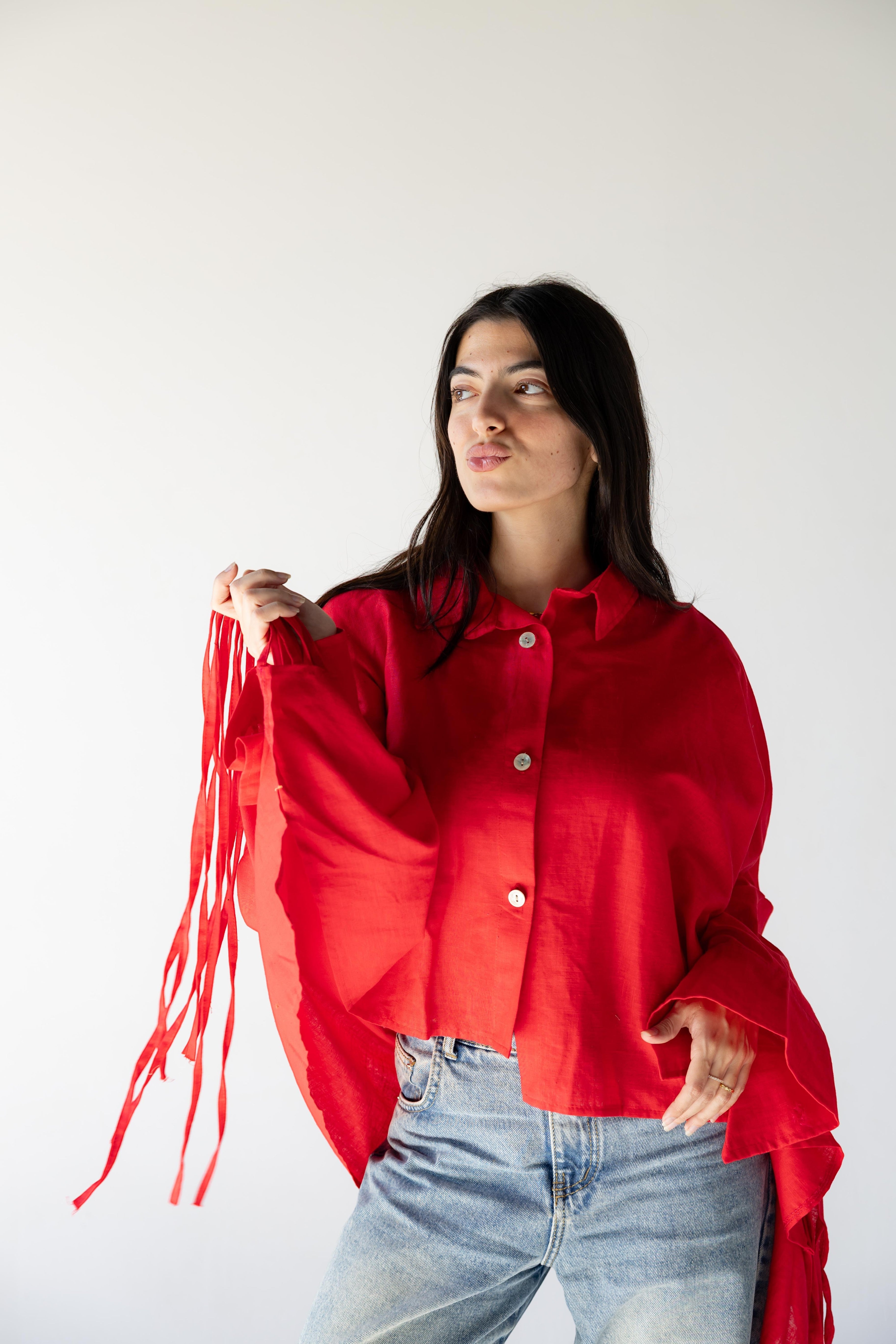ZONA Solara cherry flame 100% linen shirt with oversized sleeves and tie details. Relaxed fit.