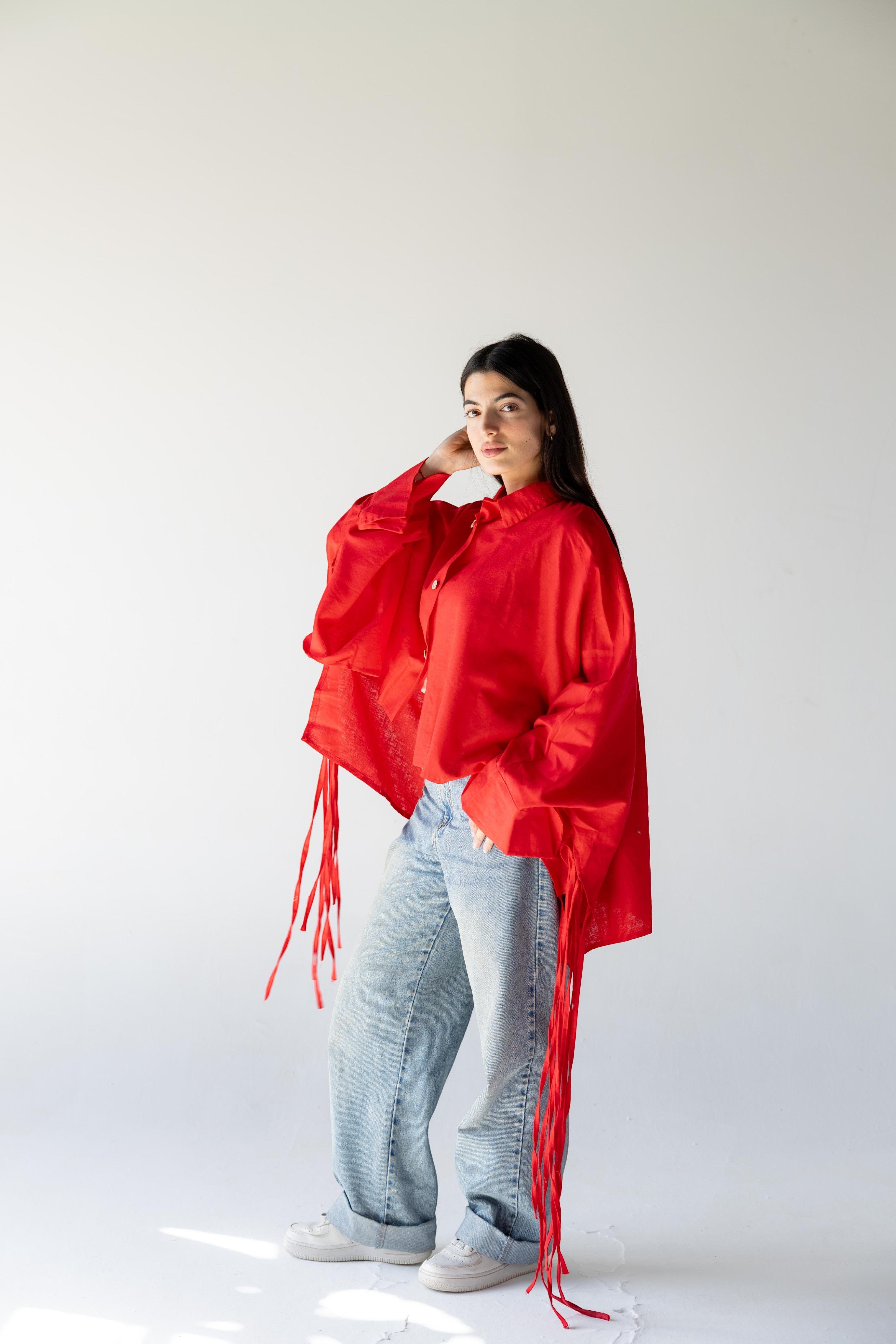 ZONA Solara cherry flame 100% linen shirt with oversized sleeves and tie details. Relaxed fit.