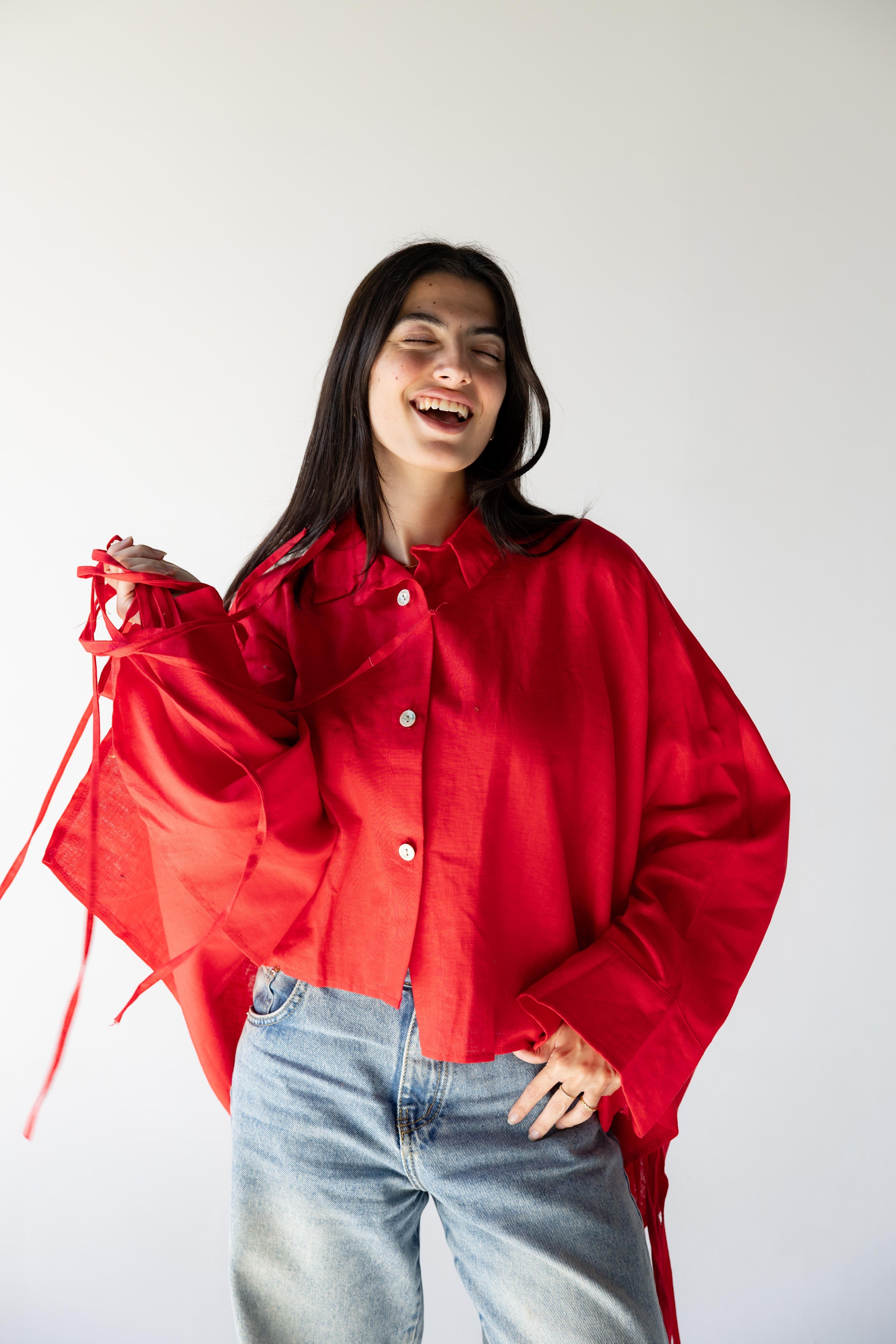 ZONA Solara cherry flame 100% linen shirt with oversized sleeves and tie details. Relaxed fit.