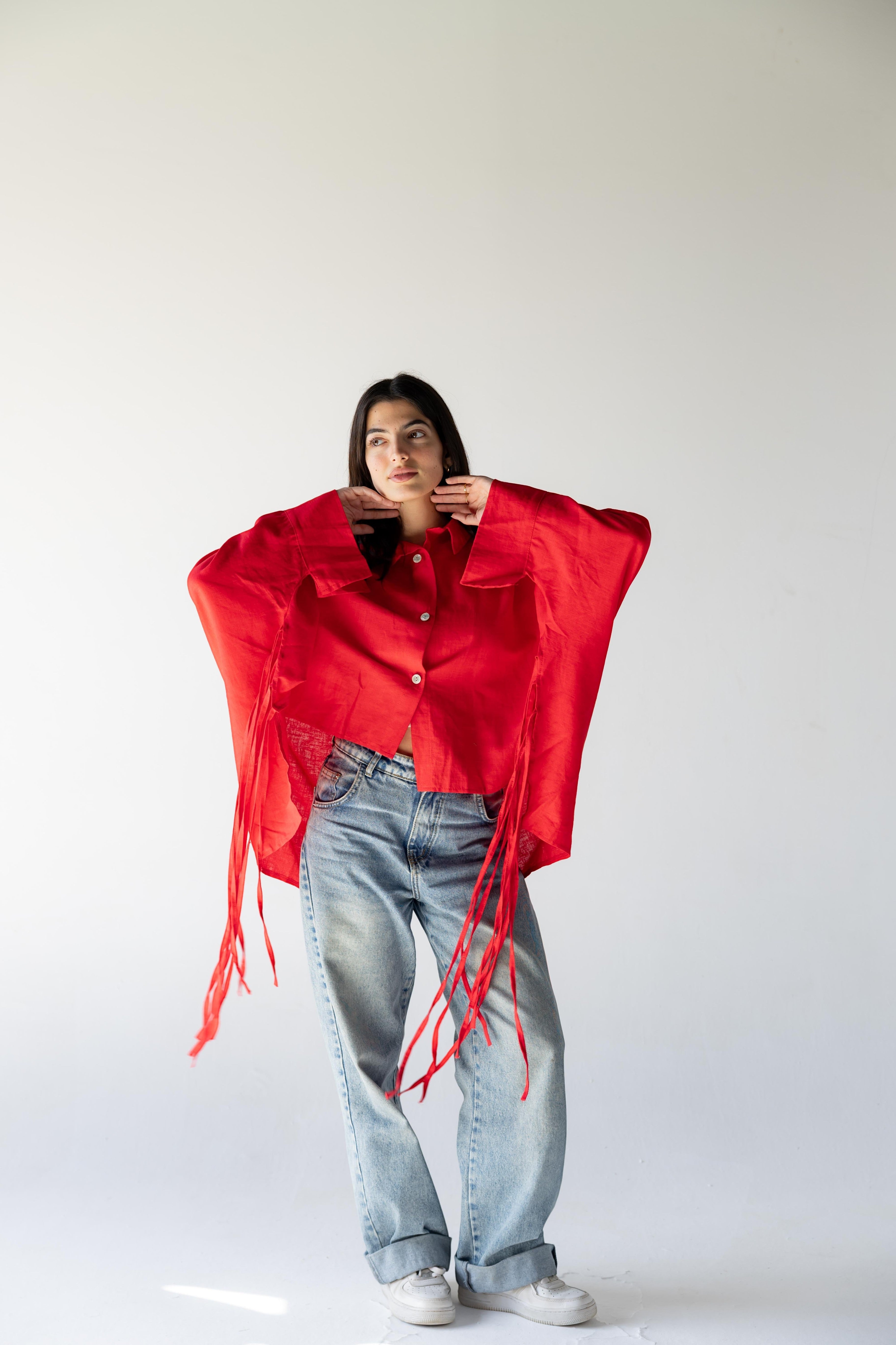 ZONA Solara cherry flame 100% linen oversized sleeve shirt with tie details. Relaxed fit.